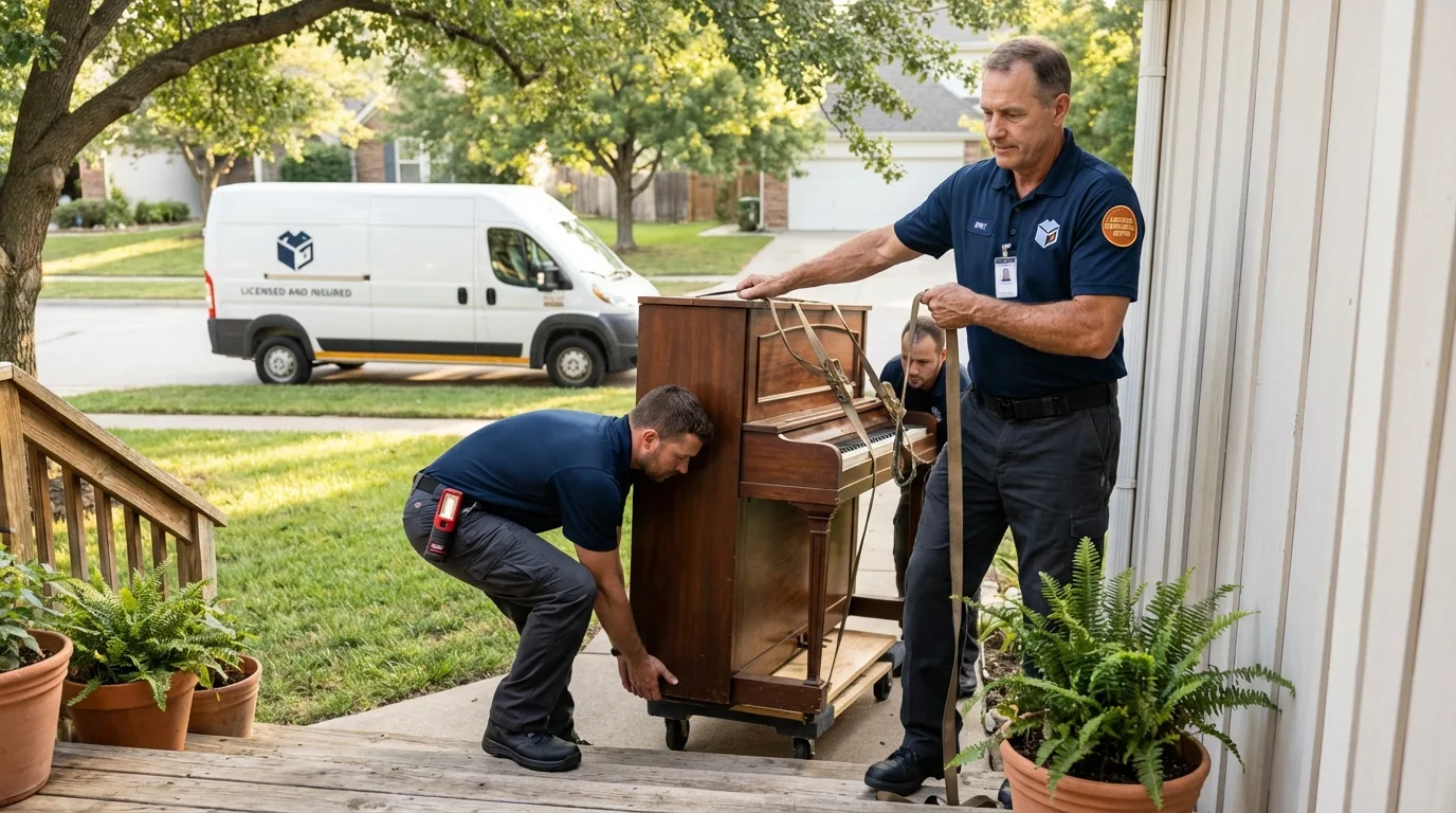 Licensed piano movers securing grand piano in Raymore, MO
