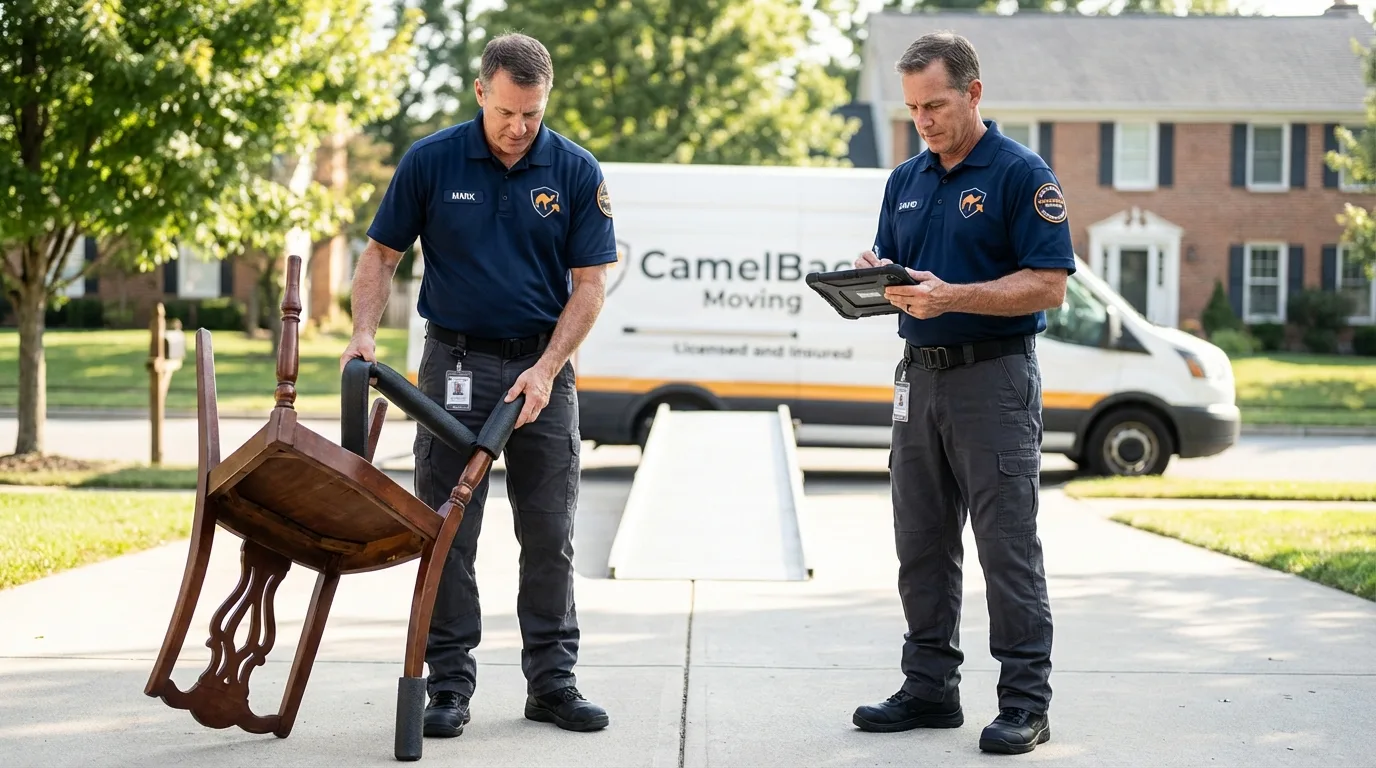Movers inspecting furniture for damage prevention before loading in Raymore, MO