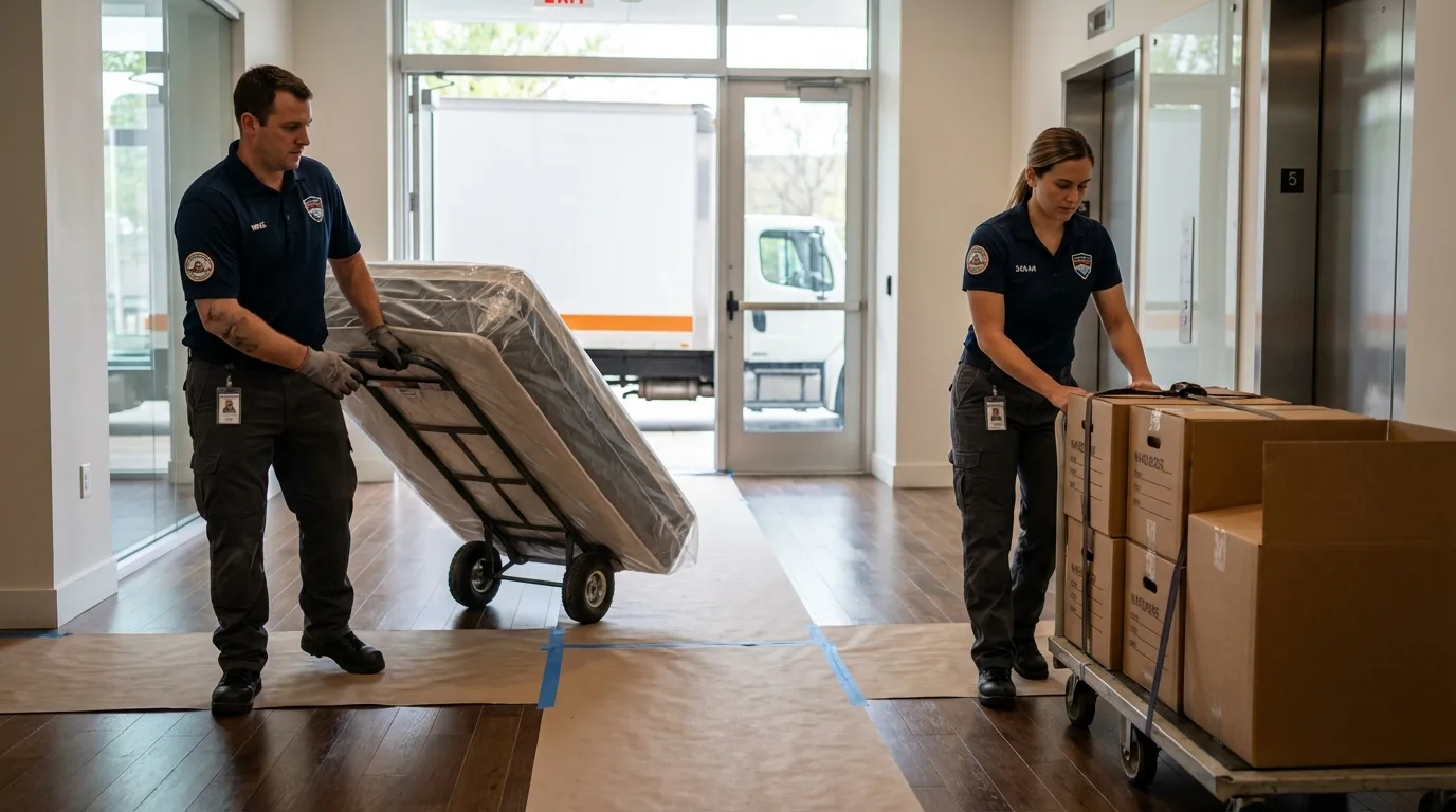 Professional apartment movers loading elevator in Raymore, MO